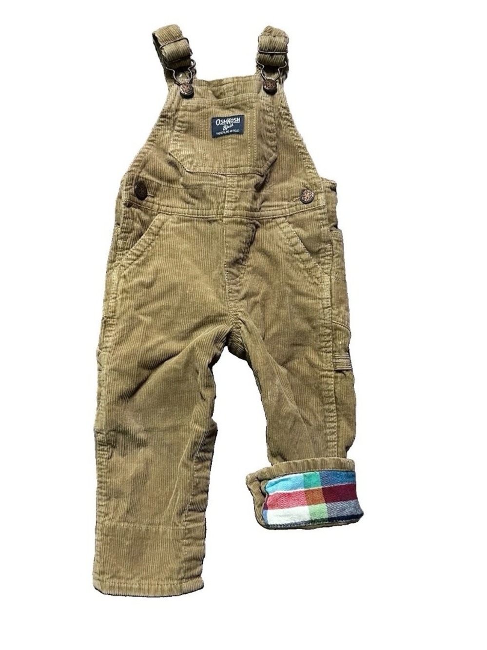 Baby Boy Oshkosh Beige Corduroy Overalls Plaid Cuffs Size 12 Months - Picture 2 of 4